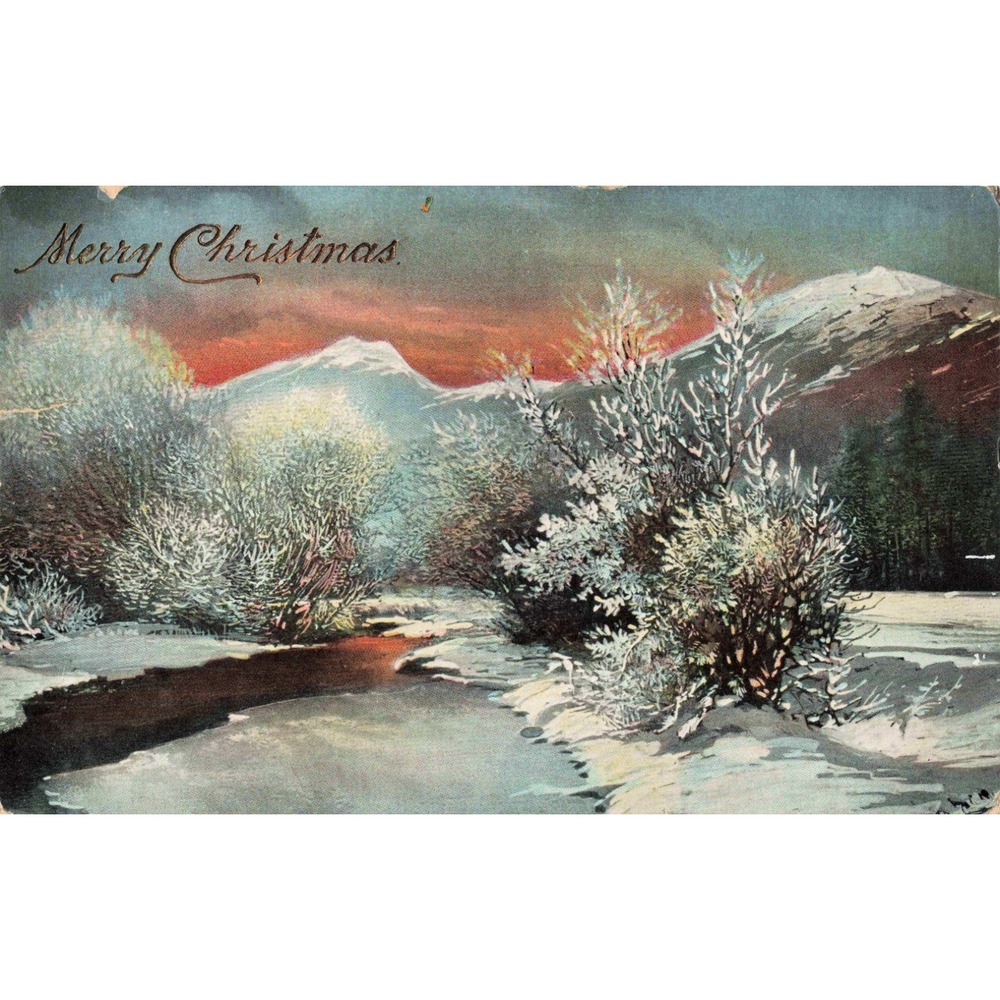 Antique 1904 Merry Christmas Postcard Snowy Mountain River Germany Postmarked VG - Picture 1 of 2
